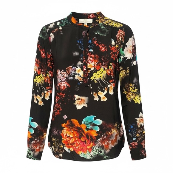 Amanda Uprichard Black Floral Print Silk Long Sleeve Blouse Top L - Picture 2 of 7